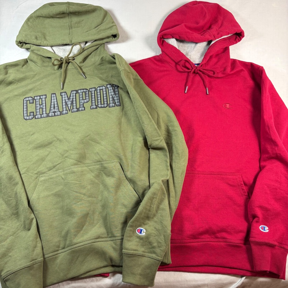 Lot of‎ 2 Champion Mens Hoodie Sweatshirts Medium Green Red Spellout Logo Fleece